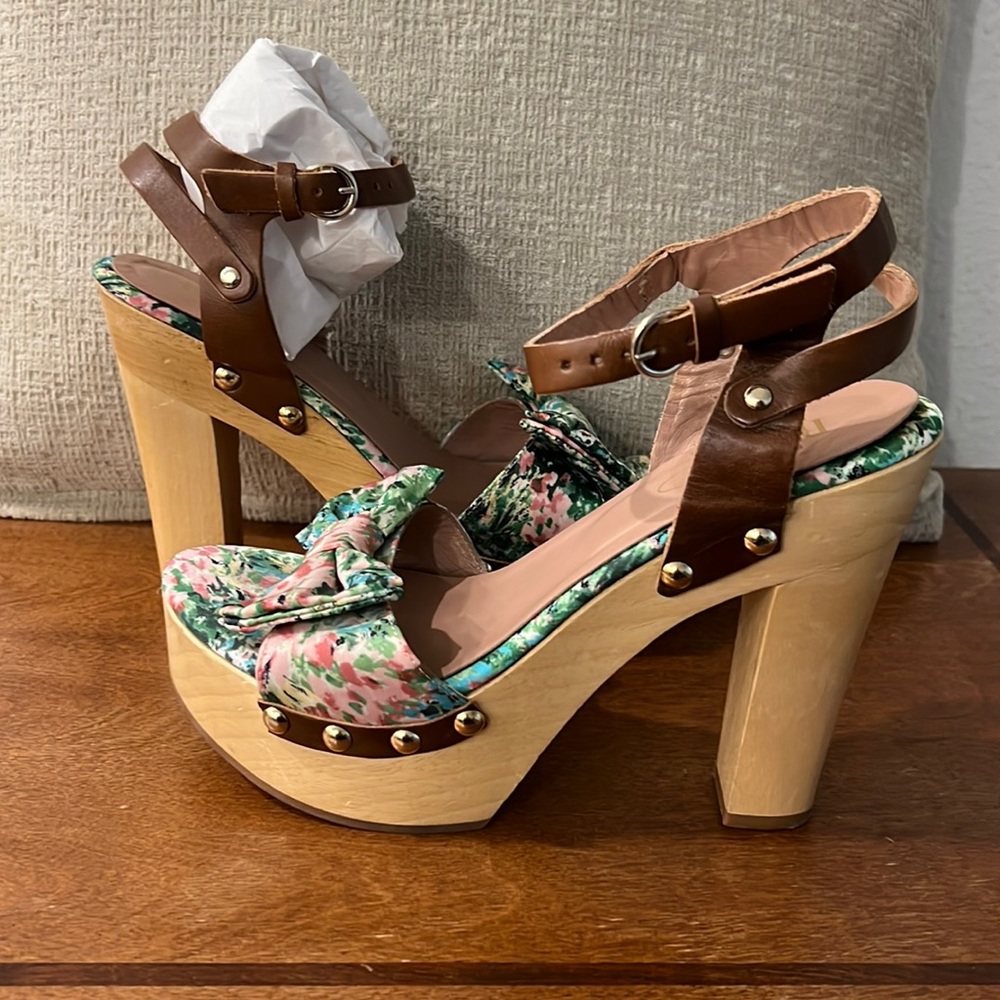 RED Valentino Silk Floral Wooden Clog Heels